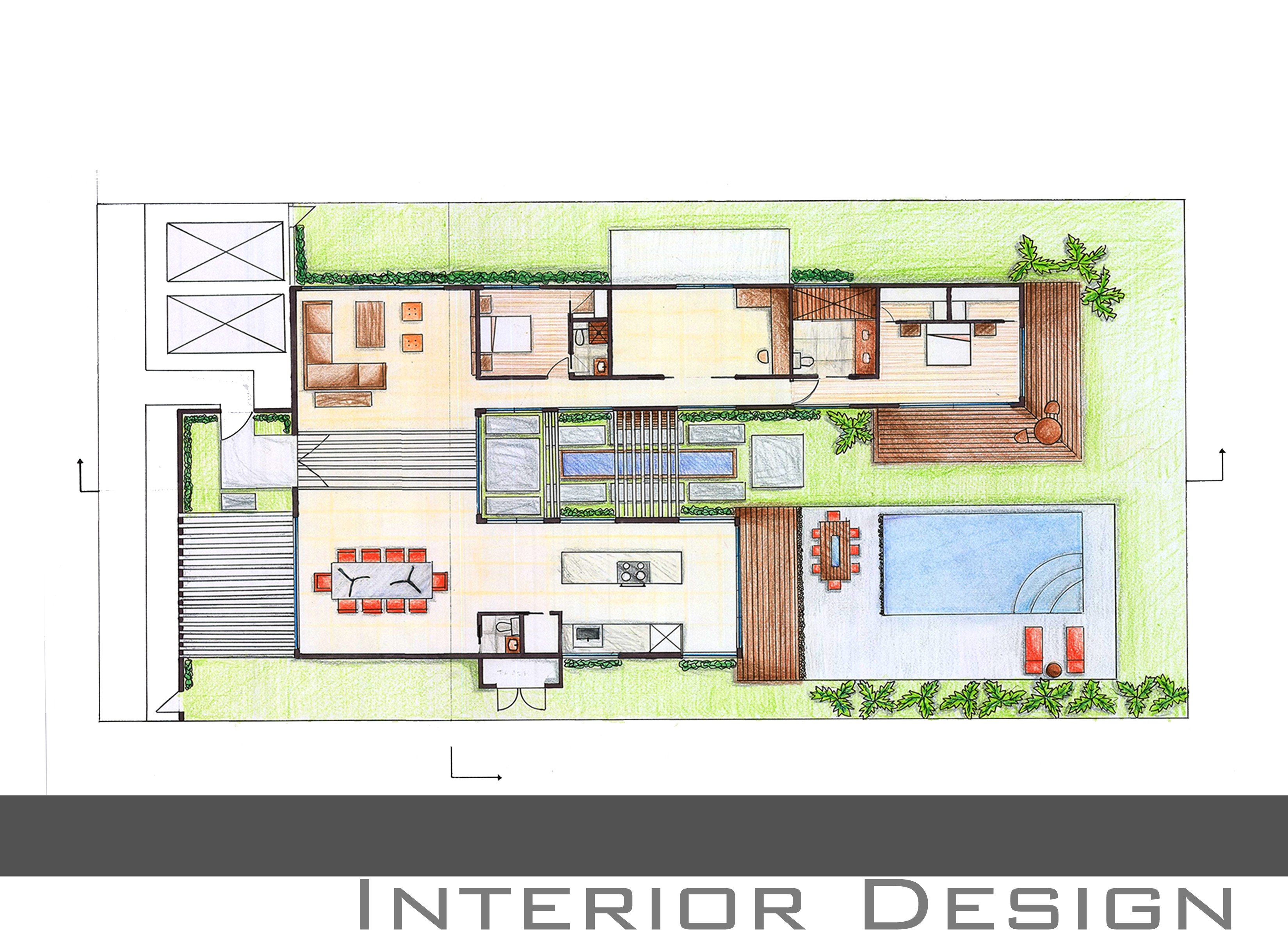 Hand-rendered floor plan for Ana’s Dream House showing interior living spaces, landscaped outdoor areas, dining terraces and swimming pool.